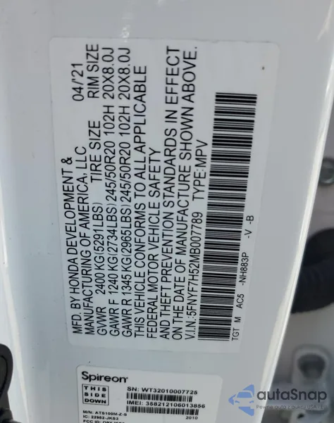 2021 Honda Passport Exl from USA, damaged, VIN 5FNYF7H52MB007789